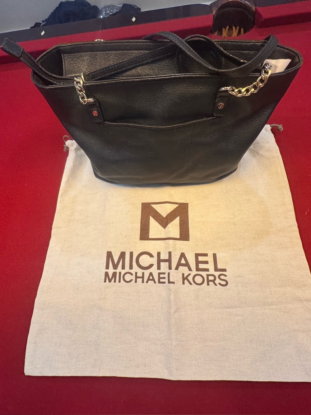 MICHAEL Michael Kors Black Leather Tote with Gold Chain Accents